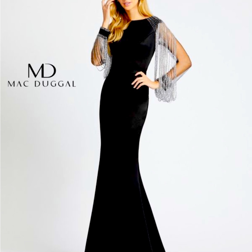 Mac Duggal Black Evening Gown with Silver Fringe Capelet